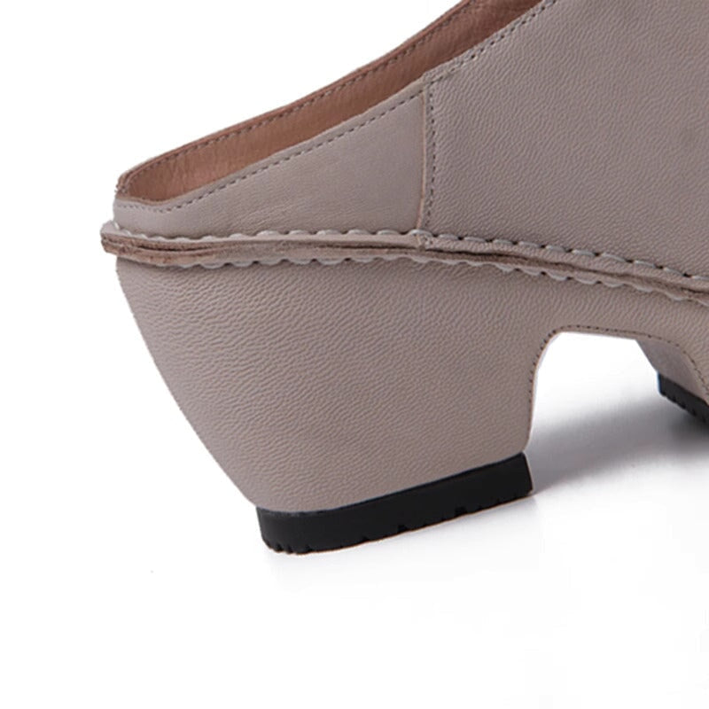 Genuine Leather Block Heel Slippers For Women Peep Toe Slingbacks Sandals in Beige/Brown/White/Red/Black