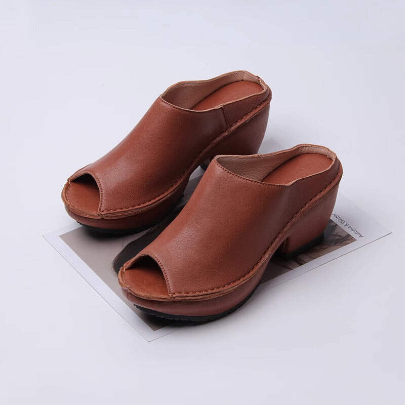 Genuine Leather Block Heel Slippers For Women Peep Toe Slingbacks Sandals in Beige/Brown/White/Red/Black