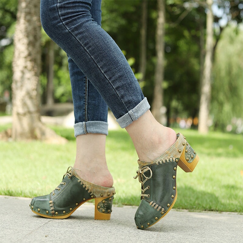 Genuine Leather Mules Lace up Summer Slippers with Rivets 75mm Block Heel in Green