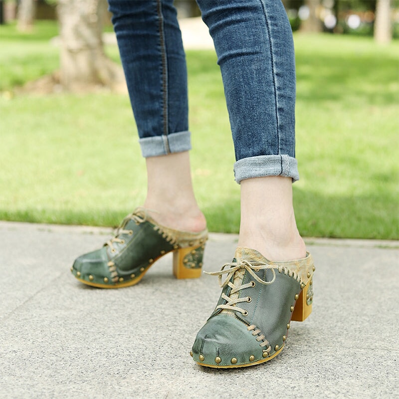 Genuine Leather Mules Lace up Summer Slippers with Rivets 75mm Block Heel in Green