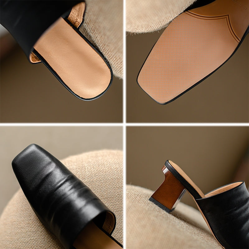 Genuine Leather Retro Square Toe 50mm Block Heel Mule Slippers in Black/Brown/Beige