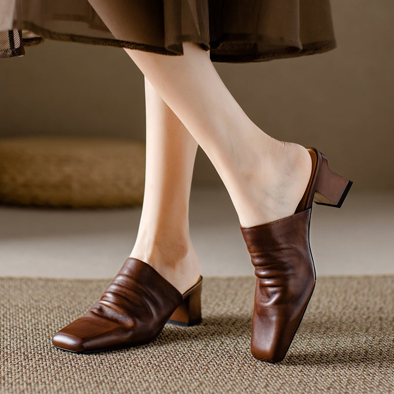 Genuine Leather Retro Square Toe 50mm Block Heel Mule Slippers in Black/Brown/Beige