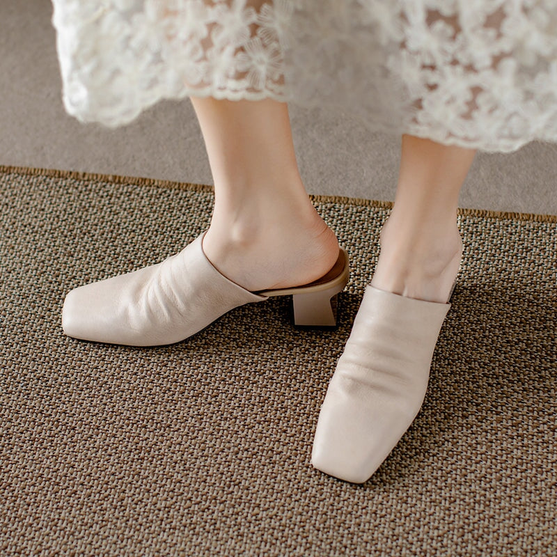 Genuine Leather Retro Square Toe 50mm Block Heel Mule Slippers in Black/Brown/Beige