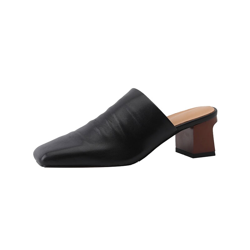 Genuine Leather Retro Square Toe 50mm Block Heel Mule Slippers in Black/Brown/Beige