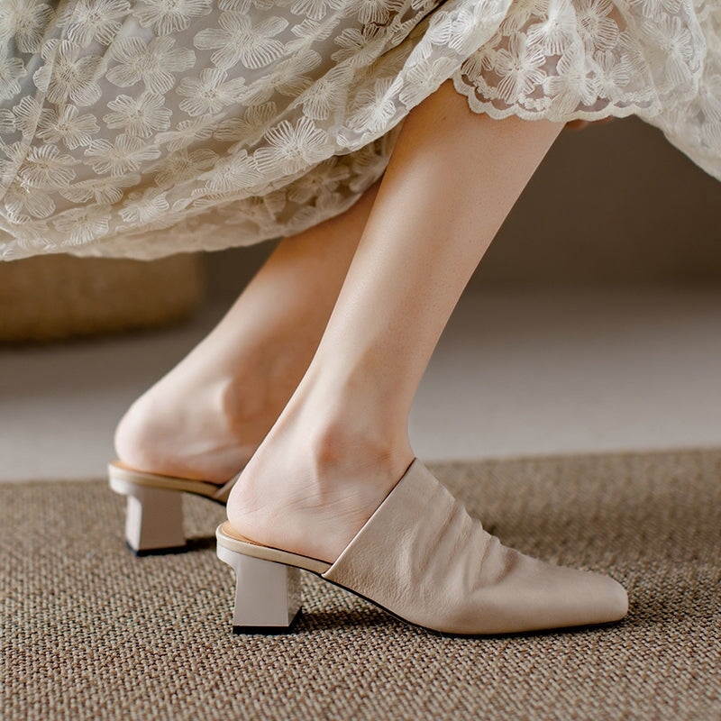 Genuine Leather Retro Square Toe 50mm Block Heel Mule Slippers in Black/Brown/Beige