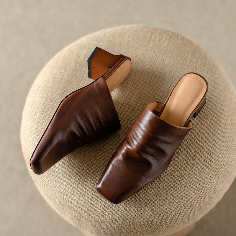 Genuine Leather Retro Square Toe 50mm Block Heel Mule Slippers in Black/Brown/Beige