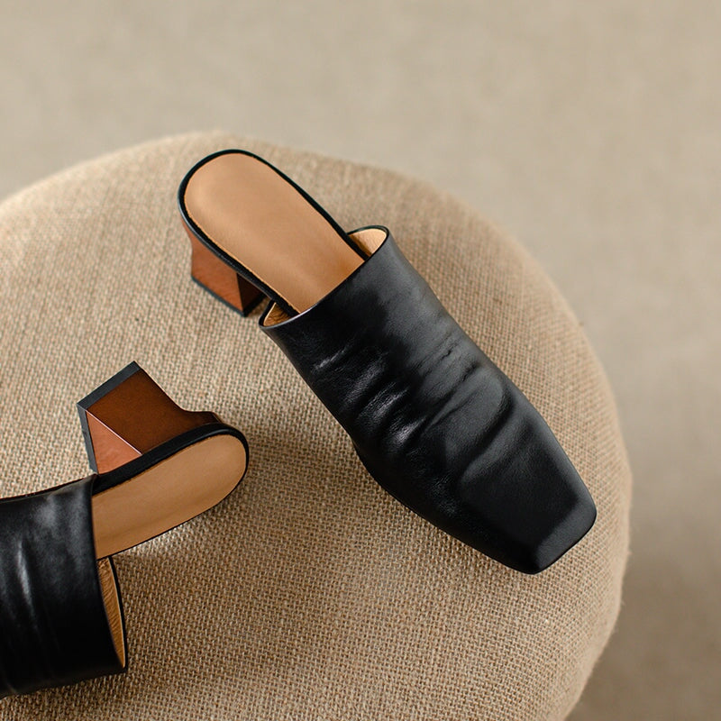 Genuine Leather Retro Square Toe 50mm Block Heel Mule Slippers in Black/Brown/Beige