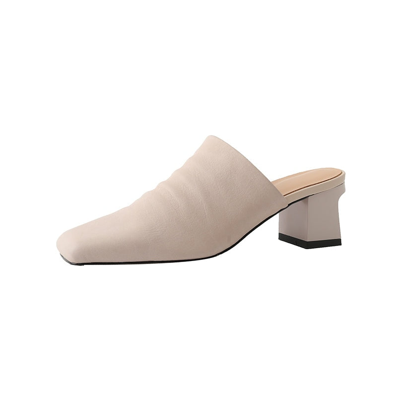 Genuine Leather Retro Square Toe 50mm Block Heel Mule Slippers in Black/Brown/Beige
