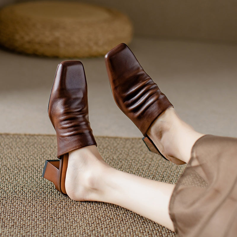 Genuine Leather Retro Square Toe 50mm Block Heel Mule Slippers in Black/Brown/Beige