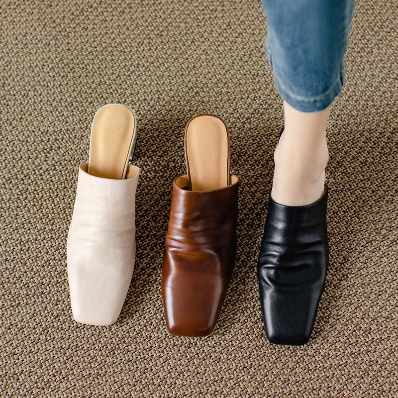 Genuine Leather Retro Square Toe 50mm Block Heel Mule Slippers in Black/Brown/Beige