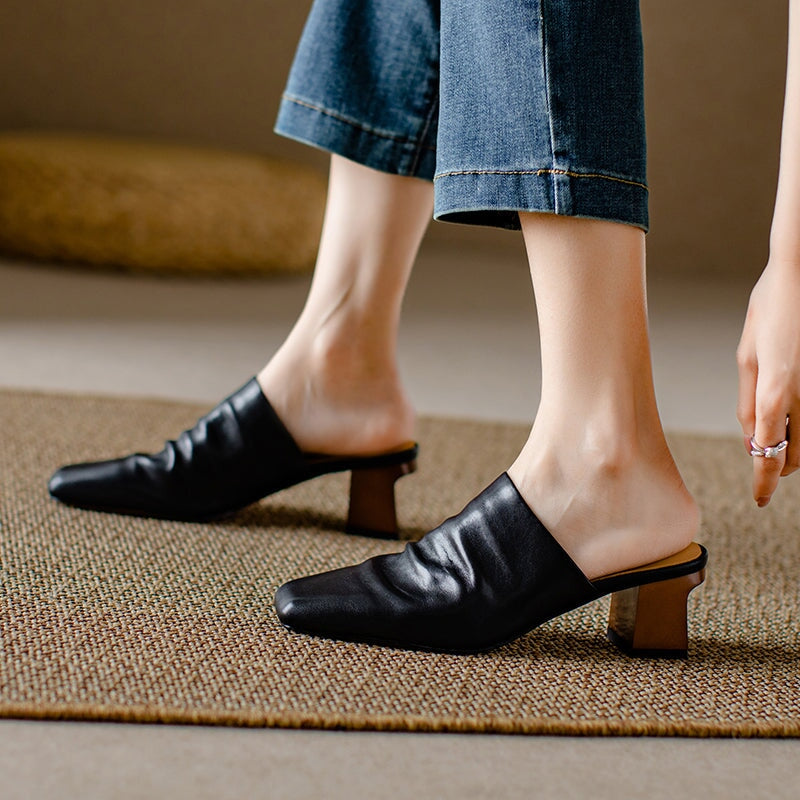 Genuine Leather Retro Square Toe 50mm Block Heel Mule Slippers in Black/Brown/Beige