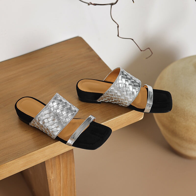 Genuine Leather Woven Double Strap Slide Sandals Casual Mules for Women in Black/Silver/Golden