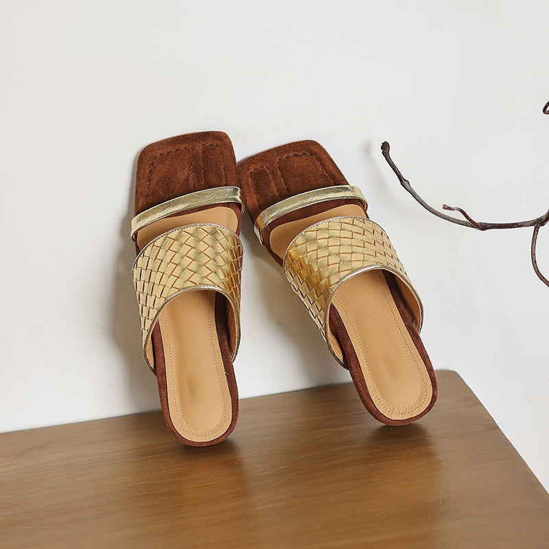 Genuine Leather Woven Double Strap Slide Sandals Casual Mules for Women in Black/Silver/Golden