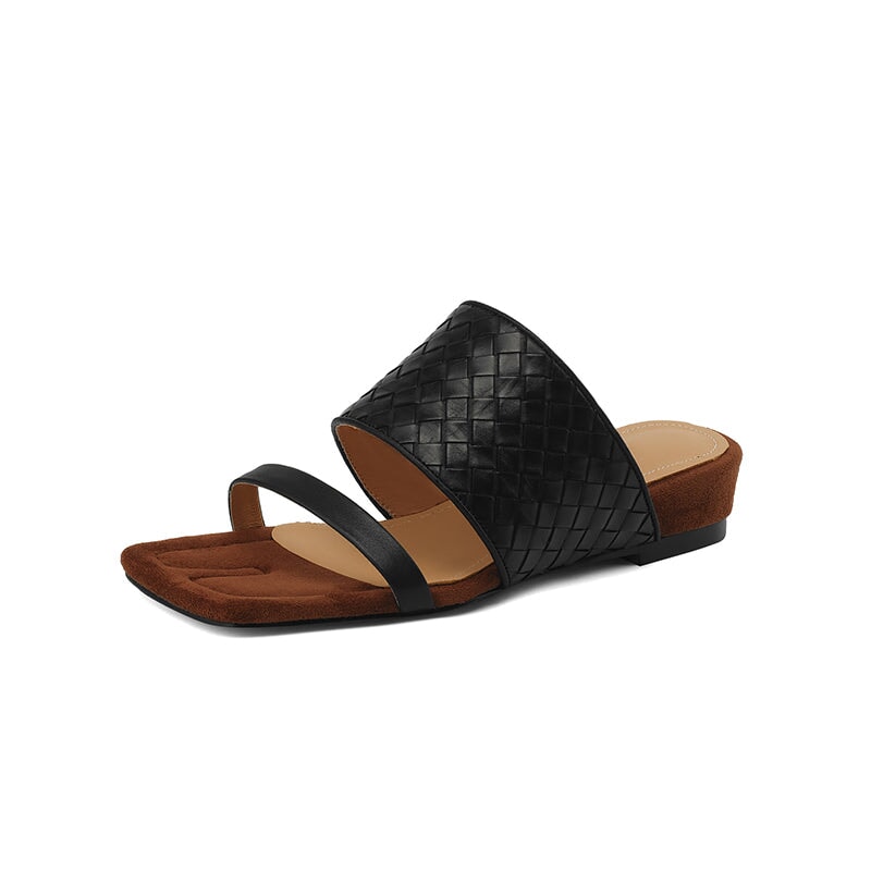 Genuine Leather Woven Double Strap Slide Sandals Casual Mules for Women in Black/Silver/Golden