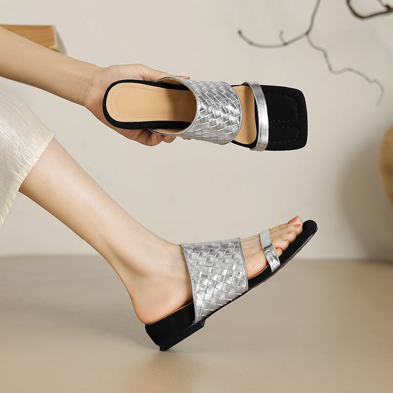 Genuine Leather Woven Double Strap Slide Sandals Casual Mules for Women in Black/Silver/Golden