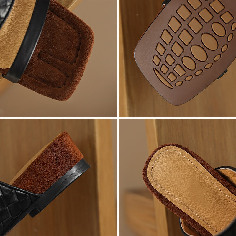 Genuine Leather Woven Double Strap Slide Sandals Casual Mules for Women in Black/Silver/Golden