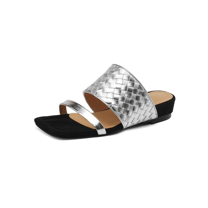 Genuine Leather Woven Double Strap Slide Sandals Casual Mules for Women in Black/Silver/Golden