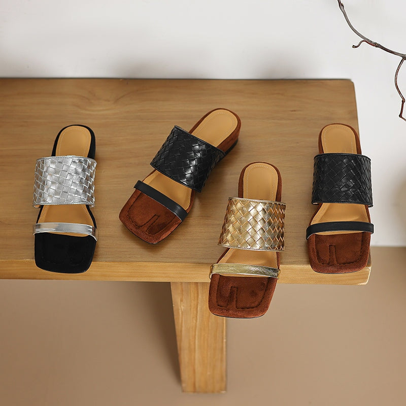 Genuine Leather Woven Double Strap Slide Sandals Casual Mules for Women in Black/Silver/Golden