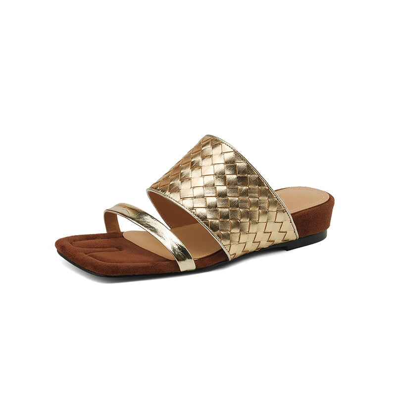 Genuine Leather Woven Double Strap Slide Sandals Casual Mules for Women in Black/Silver/Golden