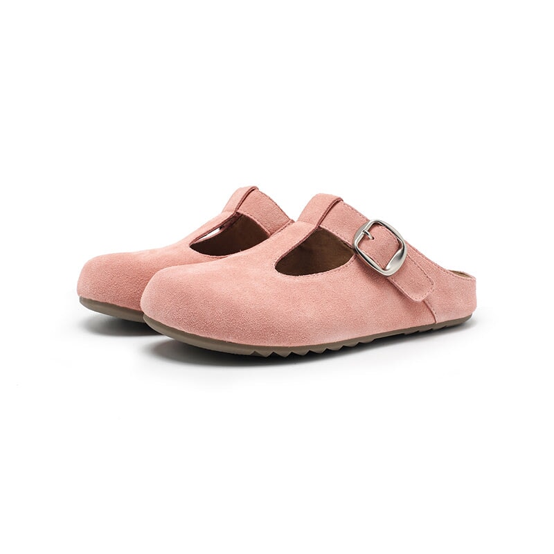 Handmade Cow Suede Leather T-Strap Clog Slippers with Buckle in Khaki/Yellow/Deep Brown/Pink/Apricot