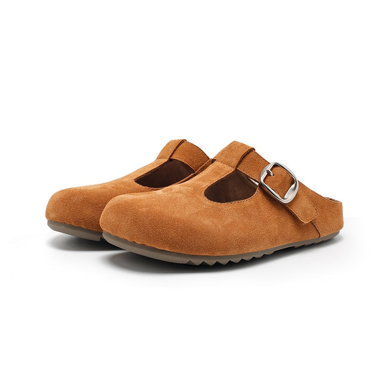 Handmade Cow Suede Leather T-Strap Clog Slippers with Buckle in Khaki/Yellow/Deep Brown/Pink/Apricot