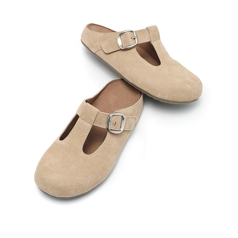 Handmade Cow Suede Leather T-Strap Clog Slippers with Buckle in Khaki/Yellow/Deep Brown/Pink/Apricot