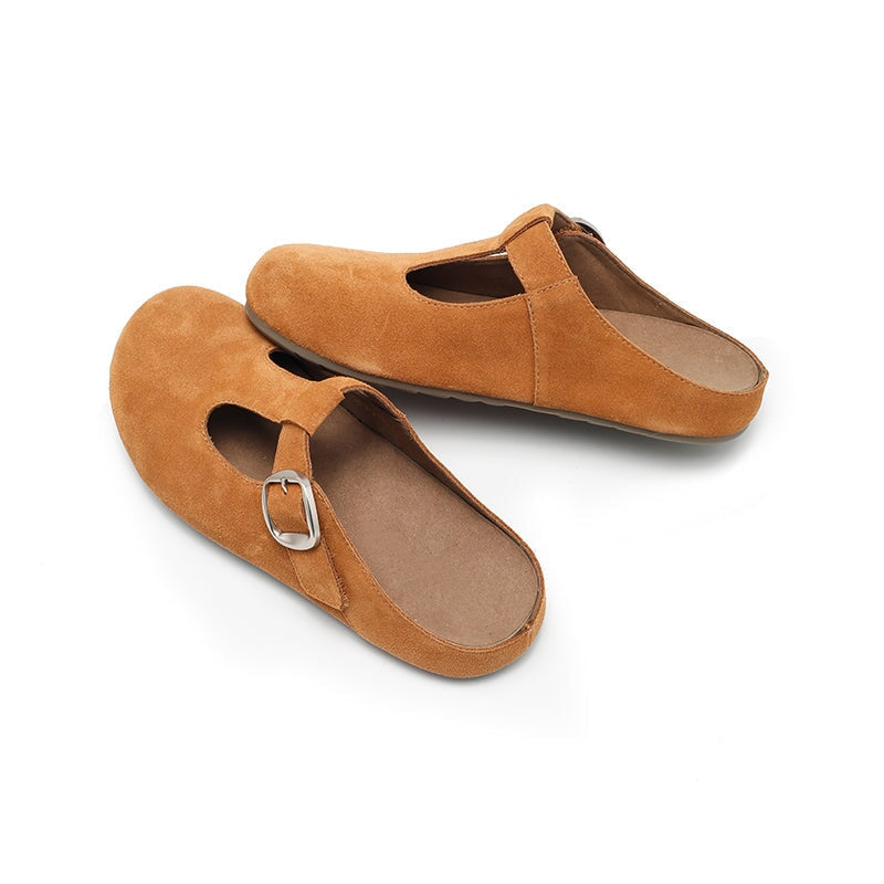 Handmade Cow Suede Leather T-Strap Clog Slippers with Buckle in Khaki/Yellow/Deep Brown/Pink/Apricot