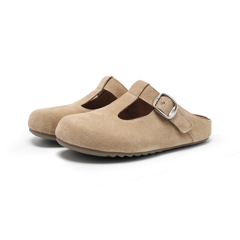 Handmade Cow Suede Leather T-Strap Clog Slippers with Buckle in Khaki/Yellow/Deep Brown/Pink/Apricot