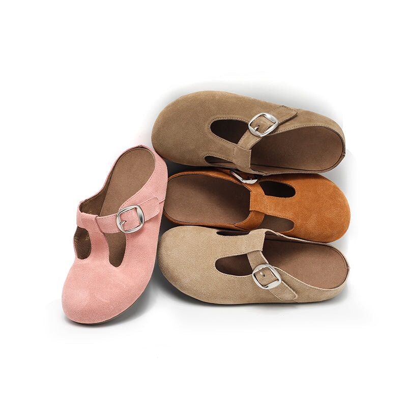 Handmade Cow Suede Leather T-Strap Clog Slippers with Buckle in Khaki/Yellow/Deep Brown/Pink/Apricot