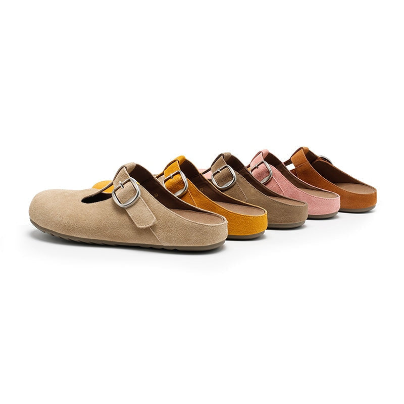 Handmade Cow Suede Leather T-Strap Clog Slippers with Buckle in Khaki/Yellow/Deep Brown/Pink/Apricot