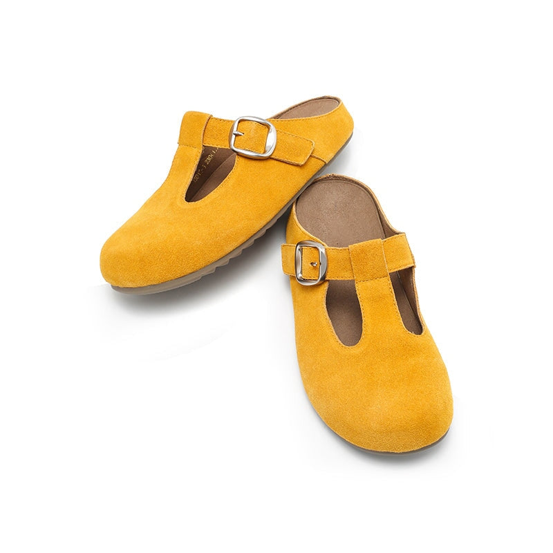 Handmade Cow Suede Leather T-Strap Clog Slippers with Buckle in Khaki/Yellow/Deep Brown/Pink/Apricot