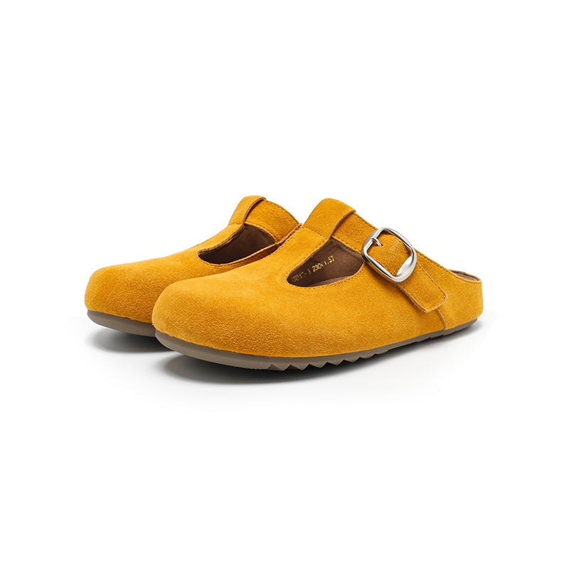 Handmade Cow Suede Leather T-Strap Clog Slippers with Buckle in Khaki/Yellow/Deep Brown/Pink/Apricot