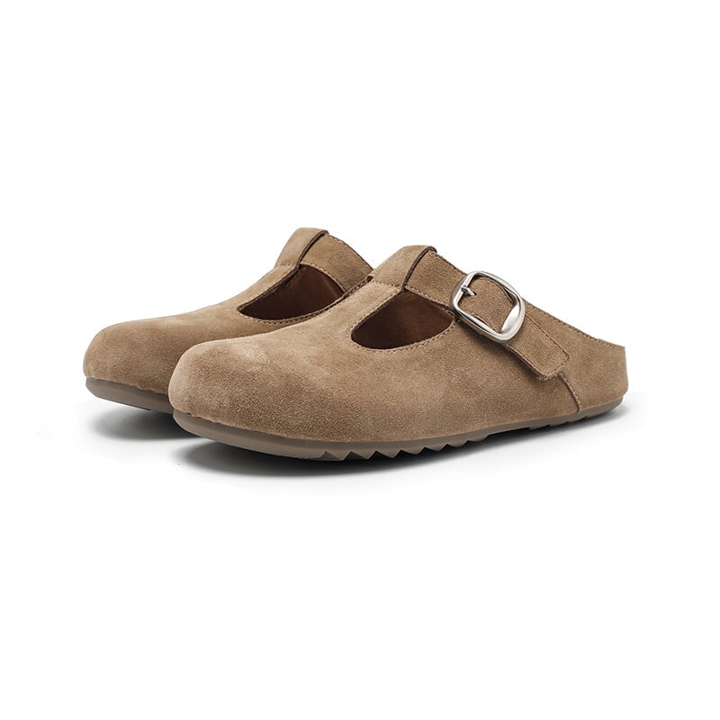Handmade Cow Suede Leather T-Strap Clog Slippers with Buckle in Khaki/Yellow/Deep Brown/Pink/Apricot