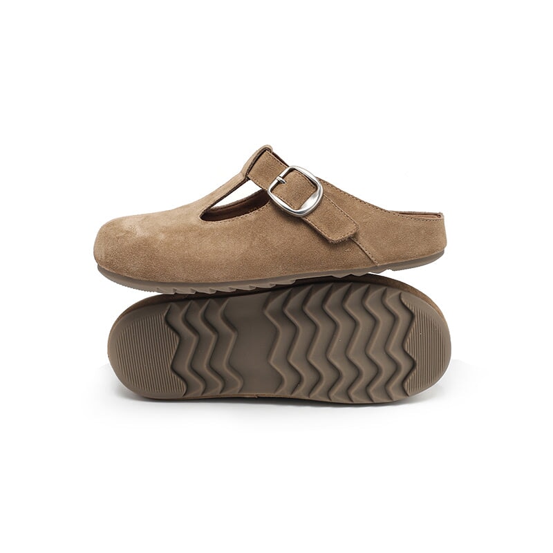 Handmade Cow Suede Leather T-Strap Clog Slippers with Buckle in Khaki/Yellow/Deep Brown/Pink/Apricot
