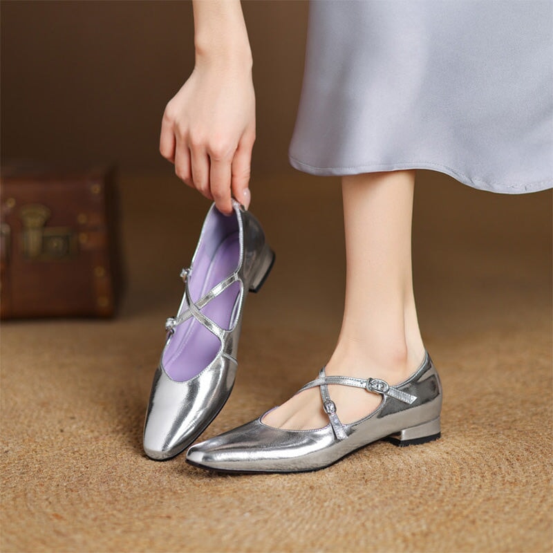 Handmade Cowhide Crisscross Mary Jane Flats for Women in Black/Wine Red/Beige/Silver