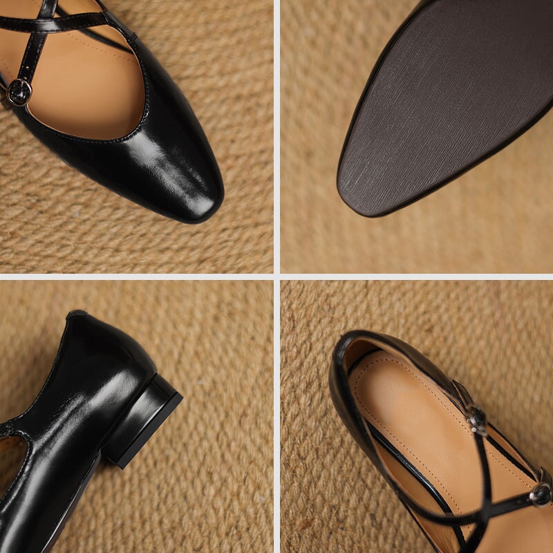 Handmade Cowhide Crisscross Mary Jane Flats for Women in Black/Wine Red/Beige/Silver
