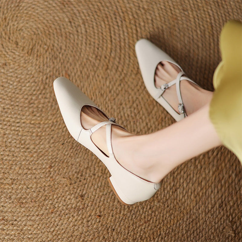 Handmade Cowhide Crisscross Mary Jane Flats for Women in Black/Wine Red/Beige/Silver