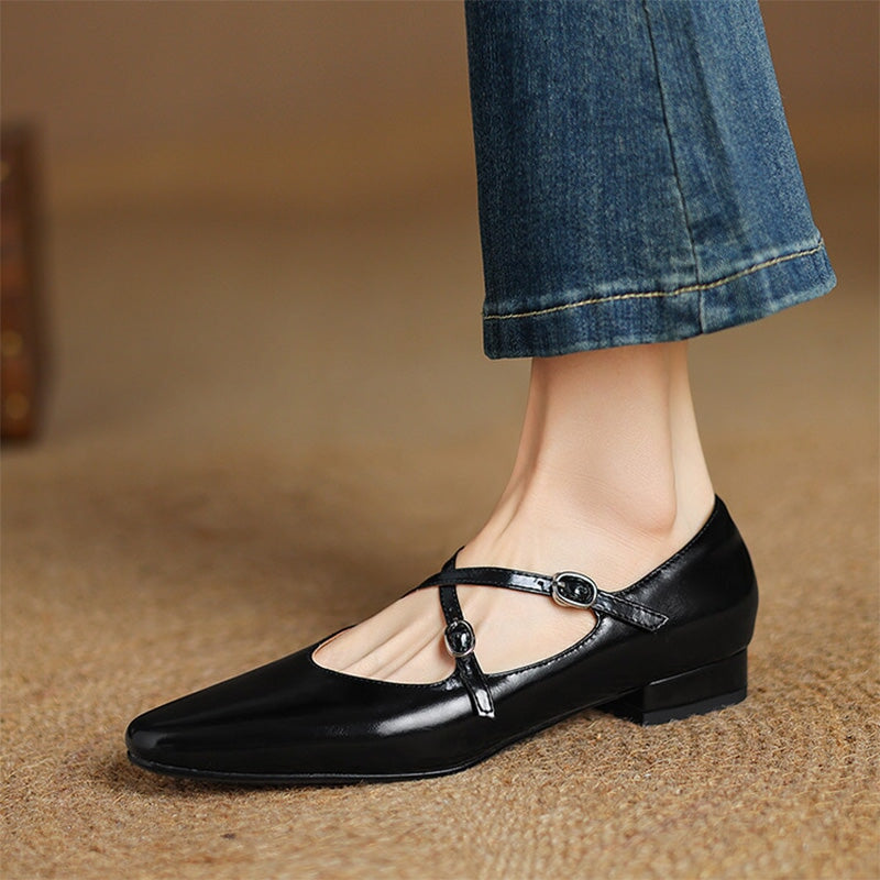 Handmade Cowhide Crisscross Mary Jane Flats for Women in Black/Wine Red/Beige/Silver