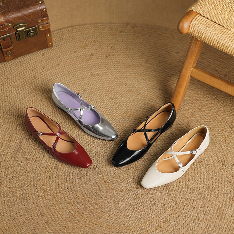 Handmade Cowhide Crisscross Mary Jane Flats for Women in Black/Wine Red/Beige/Silver