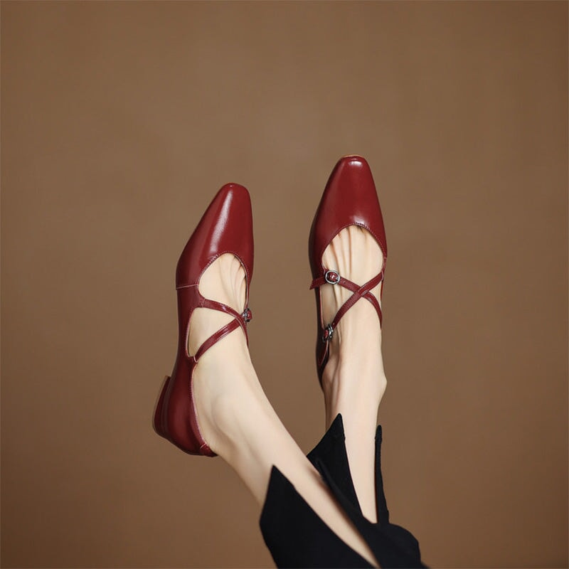 Handmade Cowhide Crisscross Mary Jane Flats for Women in Black/Wine Red/Beige/Silver