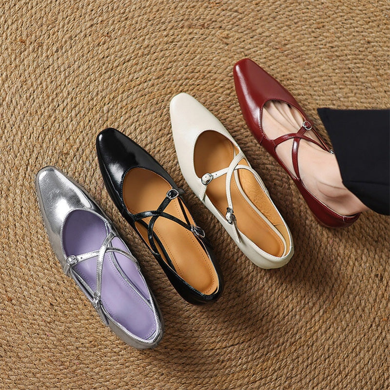 Handmade Cowhide Crisscross Mary Jane Flats for Women in Black/Wine Red/Beige/Silver