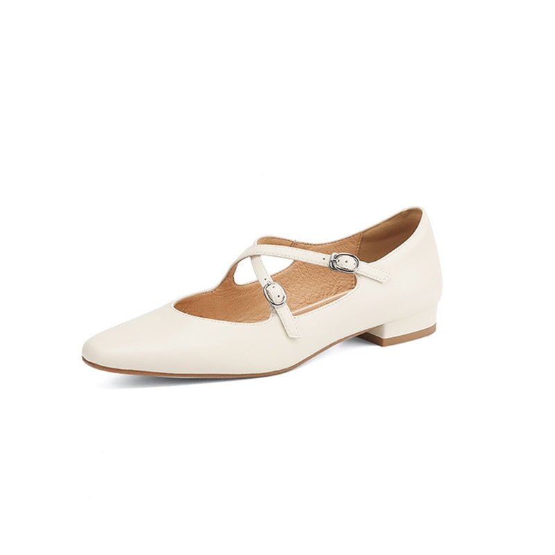 Handmade Cowhide Crisscross Mary Jane Flats for Women in Black/Wine Red/Beige/Silver