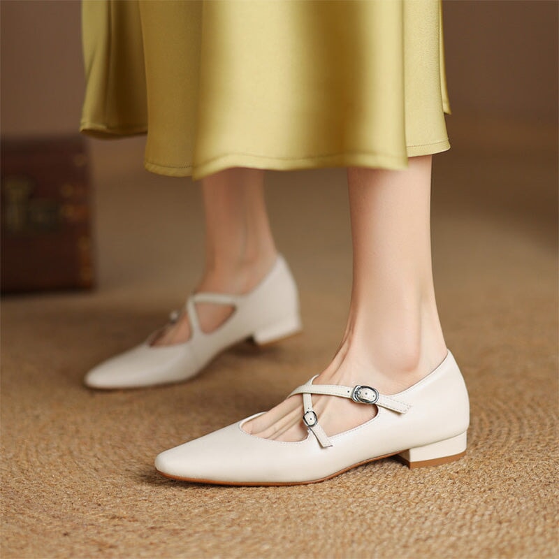 Handmade Cowhide Crisscross Mary Jane Flats for Women in Black/Wine Red/Beige/Silver