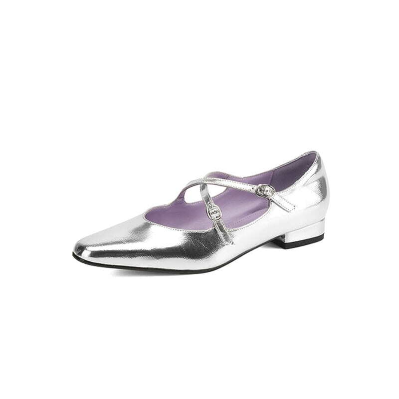 Handmade Cowhide Crisscross Mary Jane Flats for Women in Black/Wine Red/Beige/Silver