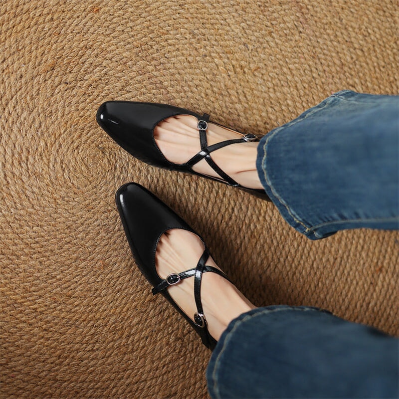 Handmade Cowhide Crisscross Mary Jane Flats for Women in Black/Wine Red/Beige/Silver