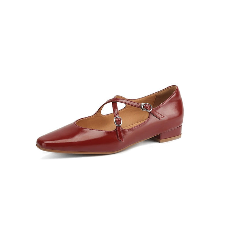 Handmade Cowhide Crisscross Mary Jane Flats for Women in Black/Wine Red/Beige/Silver