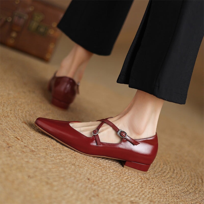 Handmade Cowhide Crisscross Mary Jane Flats for Women in Black/Wine Red/Beige/Silver