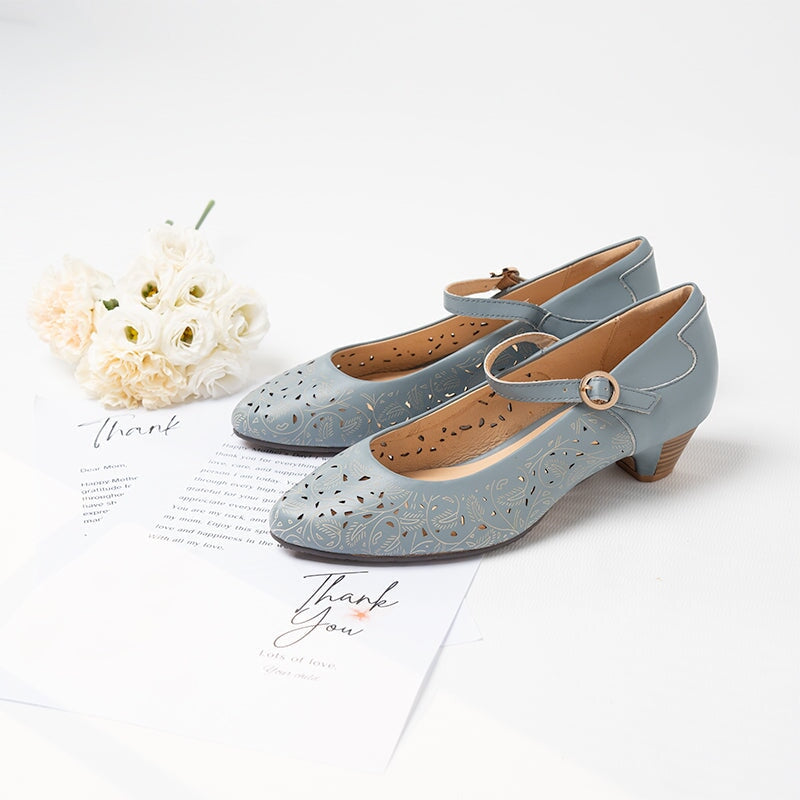 Handmade Cut Out Soft Leather Mary Jane Pumps For Women Cone Heel in Blue/White