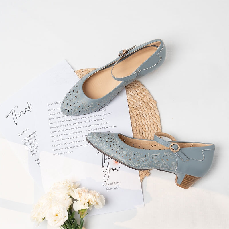 Handmade Cut Out Soft Leather Mary Jane Pumps For Women Cone Heel in Blue/White