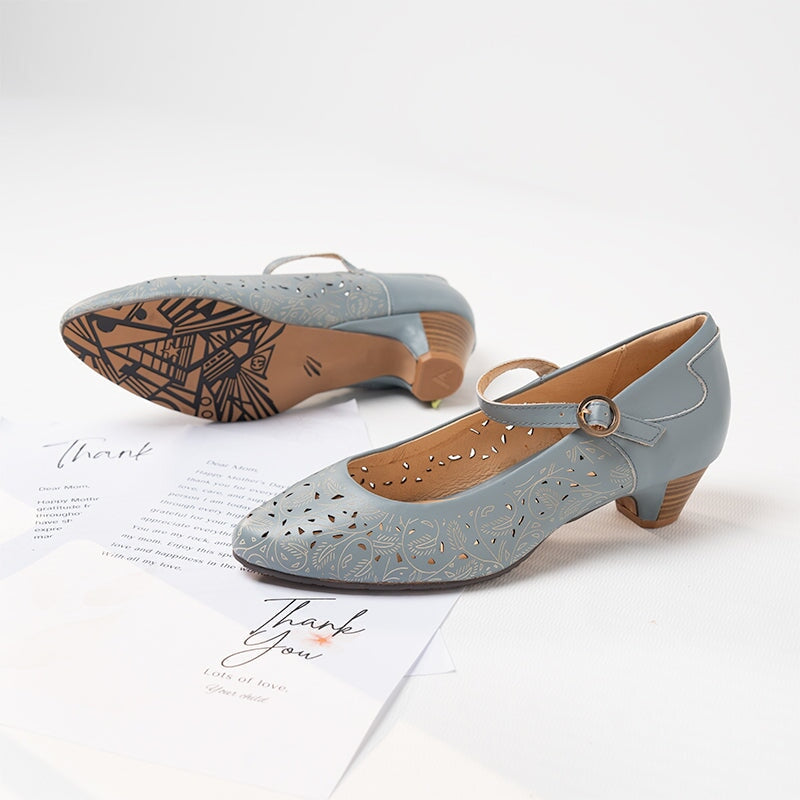 Handmade Cut Out Soft Leather Mary Jane Pumps For Women Cone Heel in Blue/White